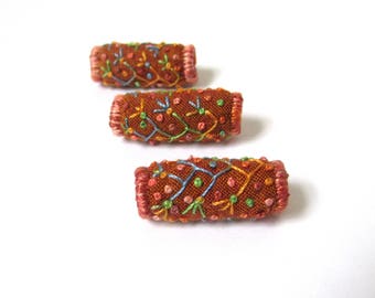 Embroidered Fabric Beads with Flowering Vines and Flowers Made From a Ginger Shot Cotton Fabric. Fiber Art, Textile Art, Jewelry and Beading