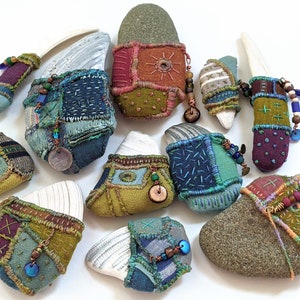 Objects of Comfort Talismans PDF Tutorial Pattern - Hand Stitched One-of-a-Kind Talismans from Stones, Shells and Fabric.