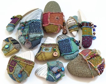 Objects of Comfort Talismans PDF Tutorial Pattern - Hand Stitched One-of-a-Kind Talismans from Stones, Shells and Fabric.