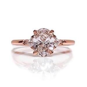 2.0CT Oval Cut Lab Grown Diamond Engagement Ring, Gold Three Stone Ring, Triangle Cut Lab Grown Diamond, Lab Grown Diamond Ring,Oval Ring.