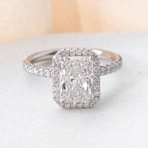 2 CT Radiant Lab Grown Hidden Halo Diamond Engagement Ring/ Radiant Cut with Round Diamond Halo Wedding Ring/Certified Diamond.