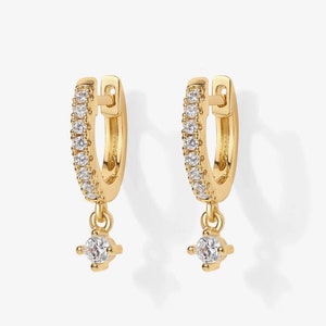 14k Gold and Diamond Hoop Earrings / Dangling Diamond Hoop Earrings / Diamond Huggies / Solid Gold and Lab Grown Diamond, Birthday Gift.