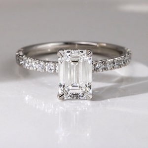 2CT Rare Emerald Cut Lab Grown Diamond Solitaire Engagement Ring IGI Certified F Color VS1 Clarity, Solid Gold Hidden Halo Ring For Her.