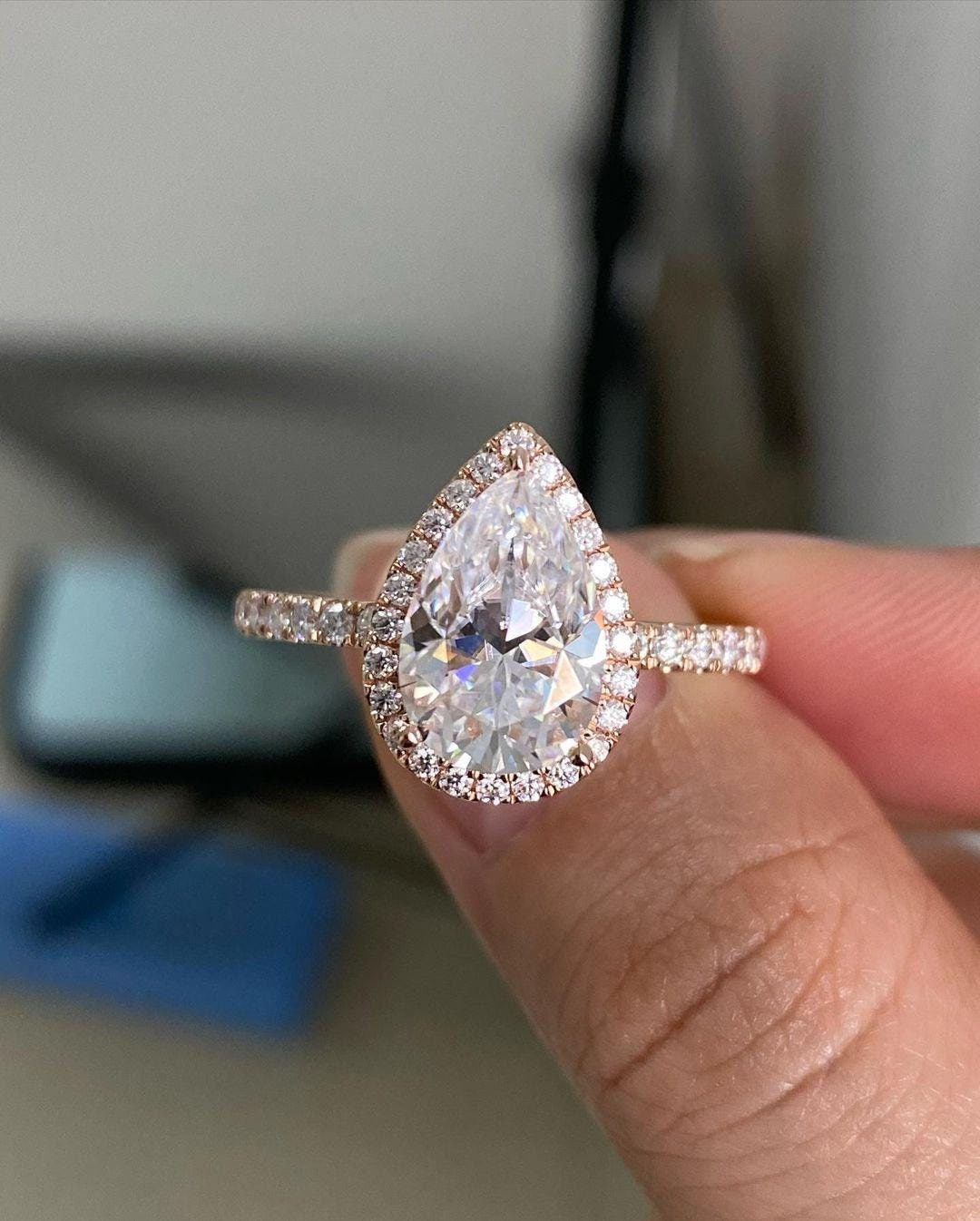 3 CT Pear Cut Lab Grown Hidden Halo Bridal Engagement Ring, Pear ...