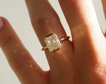 3 CT Radiant Cut bezel Lab Grown Engagement Ring Halo Radiant Cut Diamond Ring 14k Solid Gold Ring Unique Ring CVD Diamond Engagement Gift