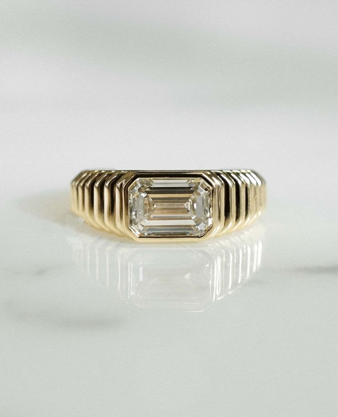 2.50 Ct Emerald Cut Lab Grown Diamond Engagement Ring | 14K Gold Bezel ...