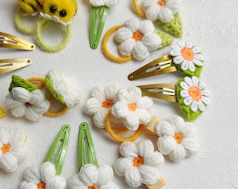 Flower Hair Bobbles Barrettes SET, Crochet Kids Summer Hair Accessories