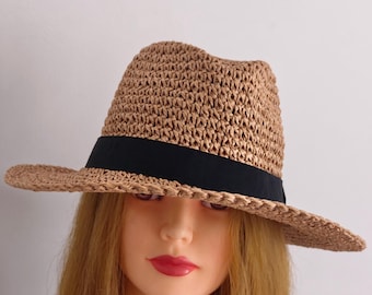 Raffia Straw Fedora style Foldable Boho Beach Sun Hat one size circum 55-57cm