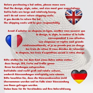 May include: A woven raffia hat with a wide brim. The image includes text in English, French, and German, advising customers to check hat design, style, color, and size before purchase. The text also addresses return shipping costs.
