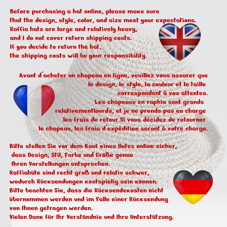 May include: A woven raffia hat with a wide brim. The image includes text in English, French, and German, advising customers to check hat design, style, color, and size before purchase. The text also addresses return shipping costs.