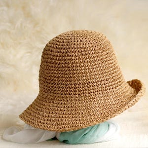 Zomerhoed van stro voor dames - opvouwbare raffia-haak zonbescherming - verstelbare maat, geschikt voor hoofdomtrek: 21,25"-22,83"