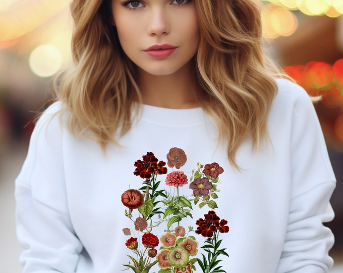 Vintage Flowers Sweatshirt, Pastel Botanical Floral Hoodie, Fairy core Wildflowers Sweatshirt, Boho Flower Crewneck, Sweatshirt Gift For Her