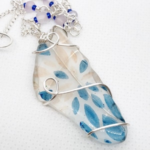 Blue Recycled Glass Necklace, Silver Wire Wrap Pendant, Swarovski Jewelry