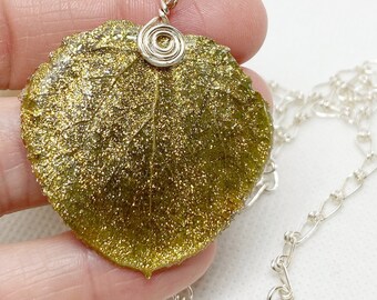Aspen Leaf Pendant, Gold Glitter Jewelry, Bridesmaid Jewelry, Nature Jewelry