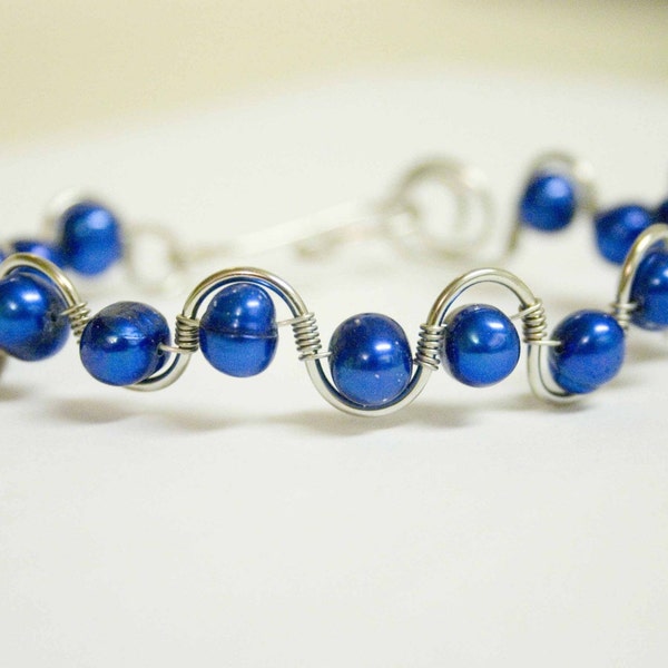 True Blue Freshwater Pearl Wave Bracelet, Bridal Gift, Wire Wrapped Jewelry