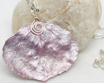 Pink Aspen Leaf Pendant, Bridesmaid Necklace, Nature Necklace