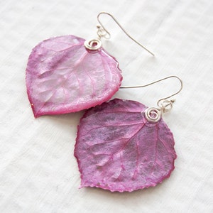 Aspen Leaf Earrings, Bridesmaid Jewelry, Magenta, Nature Jewelry image 5