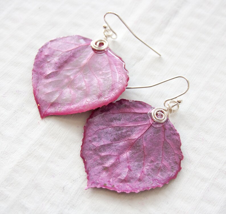 Aspen Leaf Earrings, Bridesmaid Jewelry, Magenta, Nature Jewelry image 5