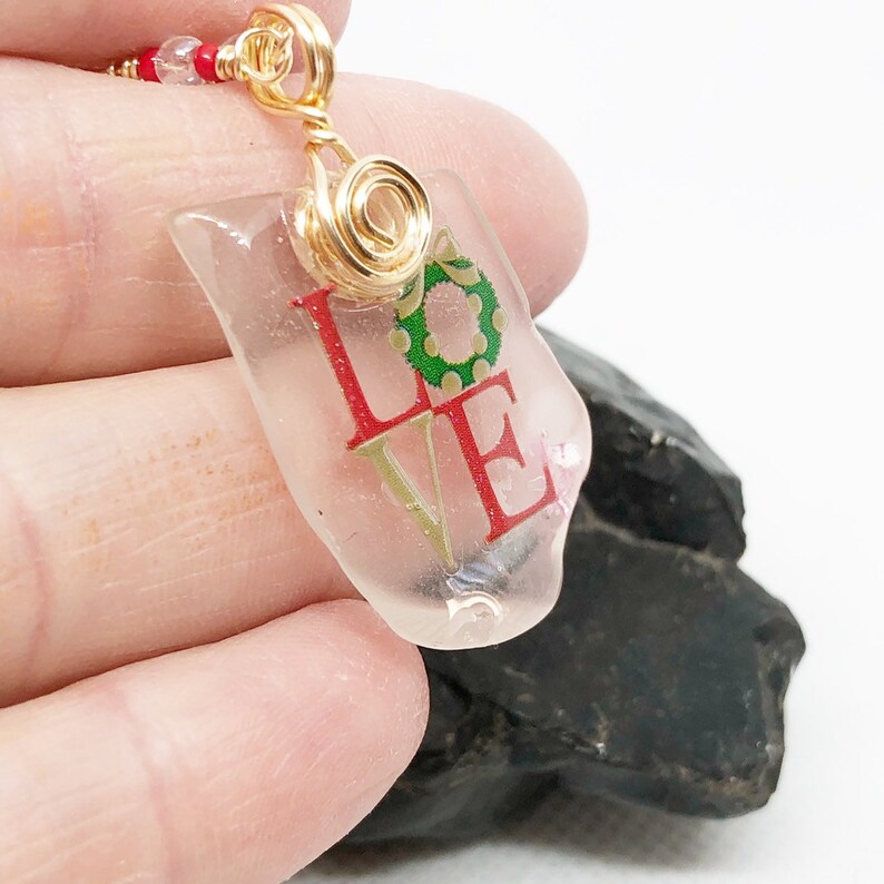 Love Necklace, Recycled Glass Pendant, Christmas Jewelry Etsy