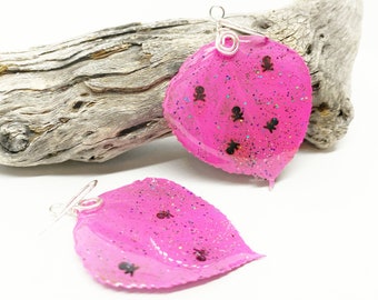 Skull and Bones Aspen Leaf Earrings, Hot Pink Jewelry, Nature Earrings, Halloween Earrings, Limited