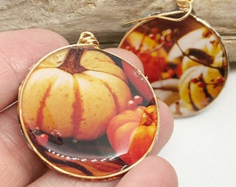 Pumpkin Harvest Earrings, Recycled Paper Jewelry, Wire Wrapped Jewelry