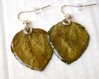 Resin Aspen Leaf Earrings: Olive Green Nature Jewelry