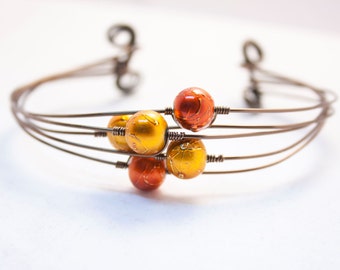 Orange Bangle Cuff, Bronze Wire Wrapped Jewelry, Autumn Jewelry