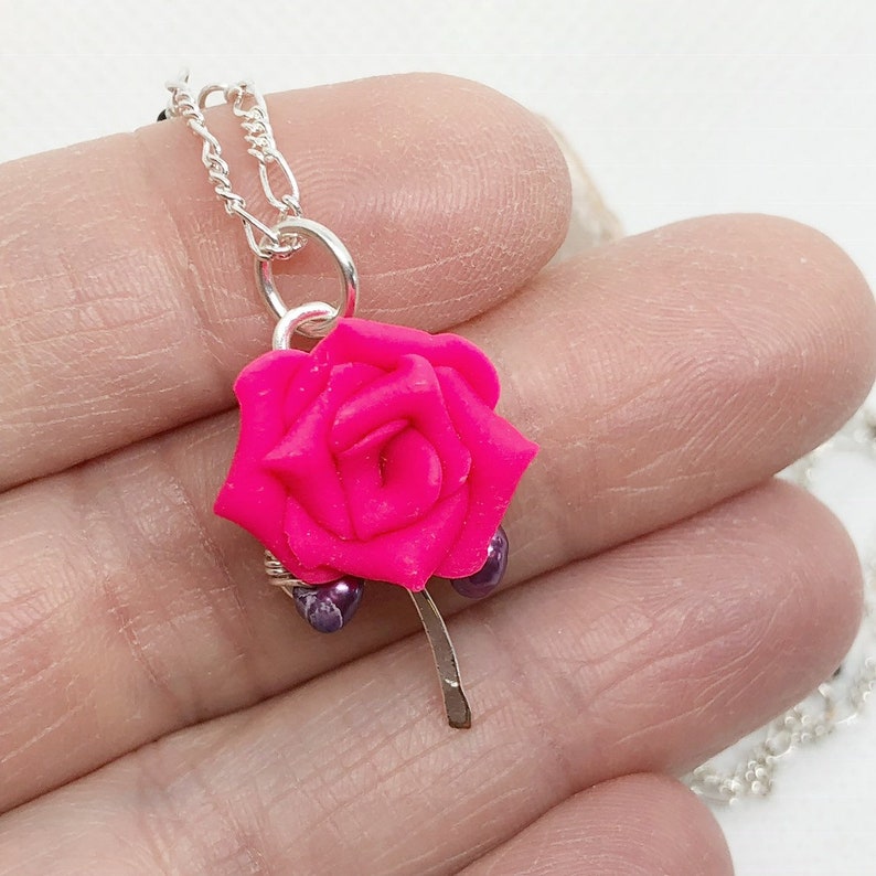 Hot Pink Polymer Clay Rose with Purple Freshwater Pearls on Silver Wire image 6