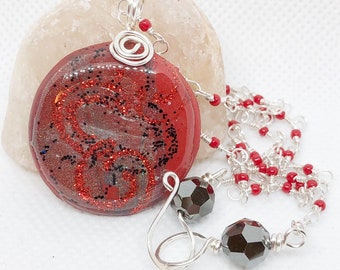 Red and Black Glitter Necklace, Silver Wire Wrapped Jewelry, Polymer Clay Pendant