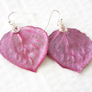 Aspen Leaf Earrings, Bridesmaid Jewelry, Magenta, Nature Jewelry image 4