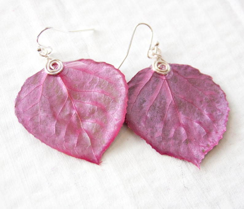 Aspen Leaf Earrings, Bridesmaid Jewelry, Magenta, Nature Jewelry image 4