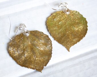 Gold Glitter Aspen Leaf Earrings, Bridesmaid Earrings