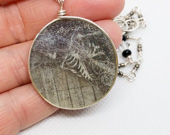 Skeleton Print Recycled Paper Necklace, Halloween Jewelry