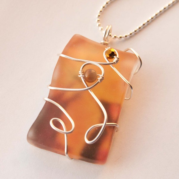 Brown and Orange Autumn Wire Wrapped Recycled Glass Necklace, Seaglass, Gifts under 20