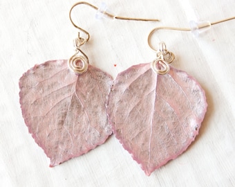 Pink Aspen Leaf Earrings, Bridesmaid Jewelry, Nature Earrings