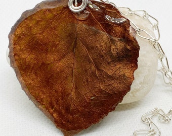 Brown Aspen Leaf Pendant, Bridesmaid Jewelry, Nature Jewelry