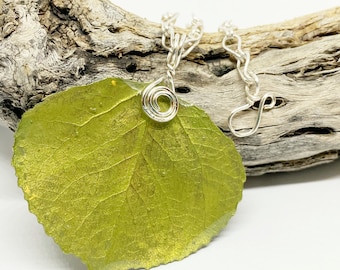 Olive Green Aspen Leaf Pendant, Bridesmaid Necklace, Nature Necklace