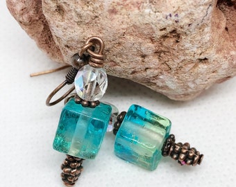 Aquamarine and Crystal Wire Wrapped Earrings, Antique Copper Wire Jewelry