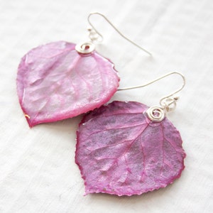 Aspen Leaf Earrings, Bridesmaid Jewelry, Magenta, Nature Jewelry image 3