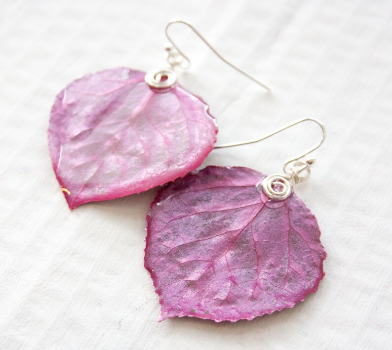 Aspen Leaf Earrings, Bridesmaid Jewelry, Magenta, Nature Jewelry image 3