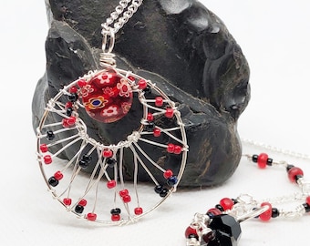 Red Millefiori Wire Wrapped Necklace, Boho Necklace, Swarovski Jewelry