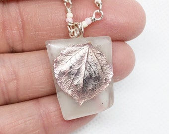 Pink Aspen Leaf Necklace, Recycled Glass Pendant, Nature Jewelry