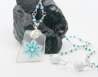 Teal Snowflake Necklace, Recycled Glass Jewelry, Christmas Necklace