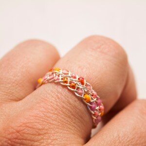Pink and Orange Braided Ring, Wire Wrapped Ring, Silver Ring Band