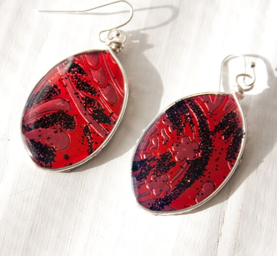 Red and Black Glitter Earrings, Recycled Paper Jewelry