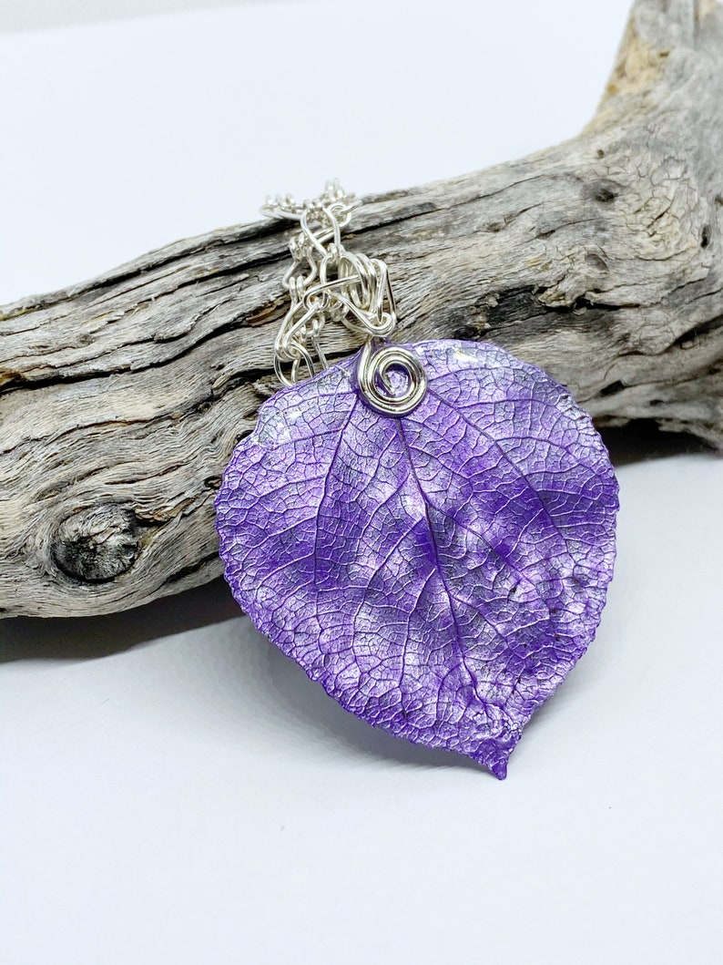 Lavender Aspen Leaf Pendant, Bridesmaid Necklace, Nature Necklace image 5