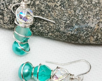 Aquamarine and Frost Wire Wrapped Earrings, Silver Plated Wire Jewelry
