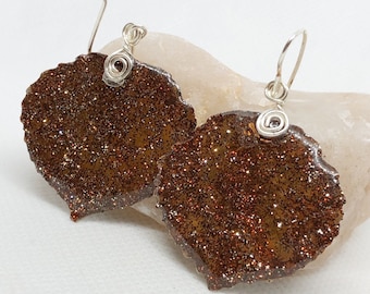 Brown Glitter Aspen Leaf Earrings, Bridesmaid Earrings