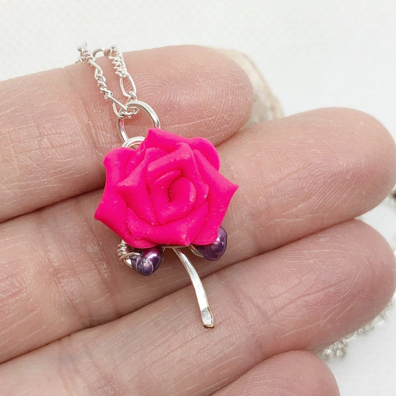 Hot Pink Polymer Clay Rose with Purple Freshwater Pearls on Silver Wire image 5