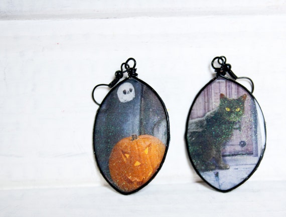 Black Cat Print Earrings, Halloween Jewelry, Recycled Paper